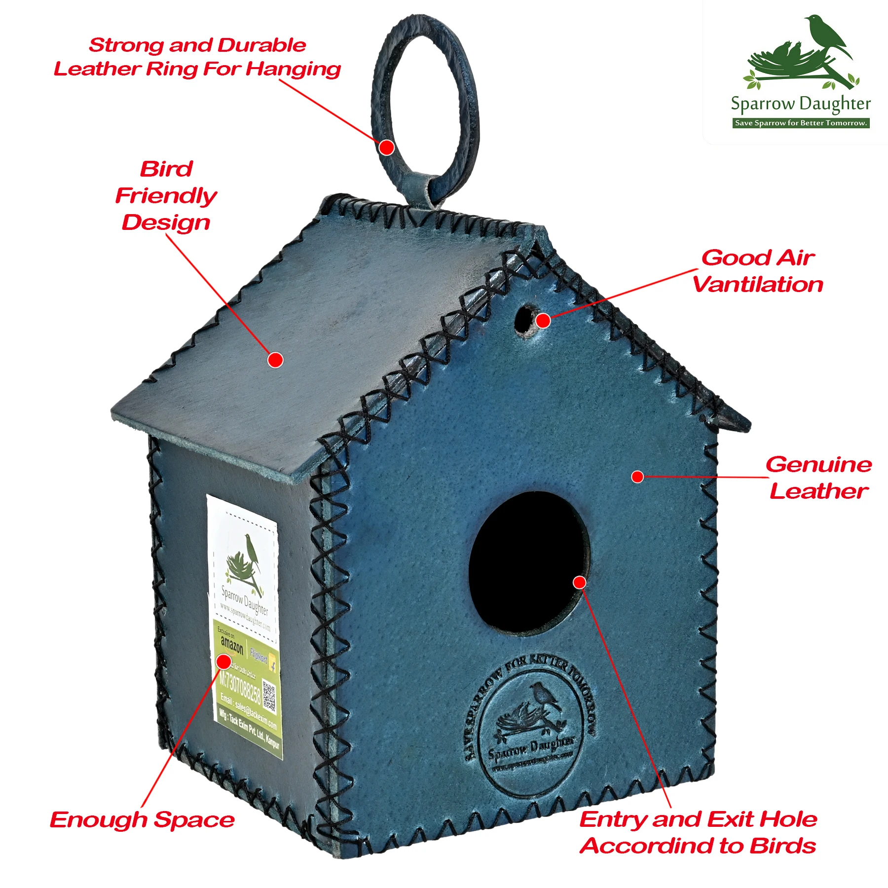BIRD NATURAL HABITAT GENUINE LEATHER BIRD HOUSE SMALL HUT SIZE HANGING INDOOR OUTDOOR BIRD PET CARE