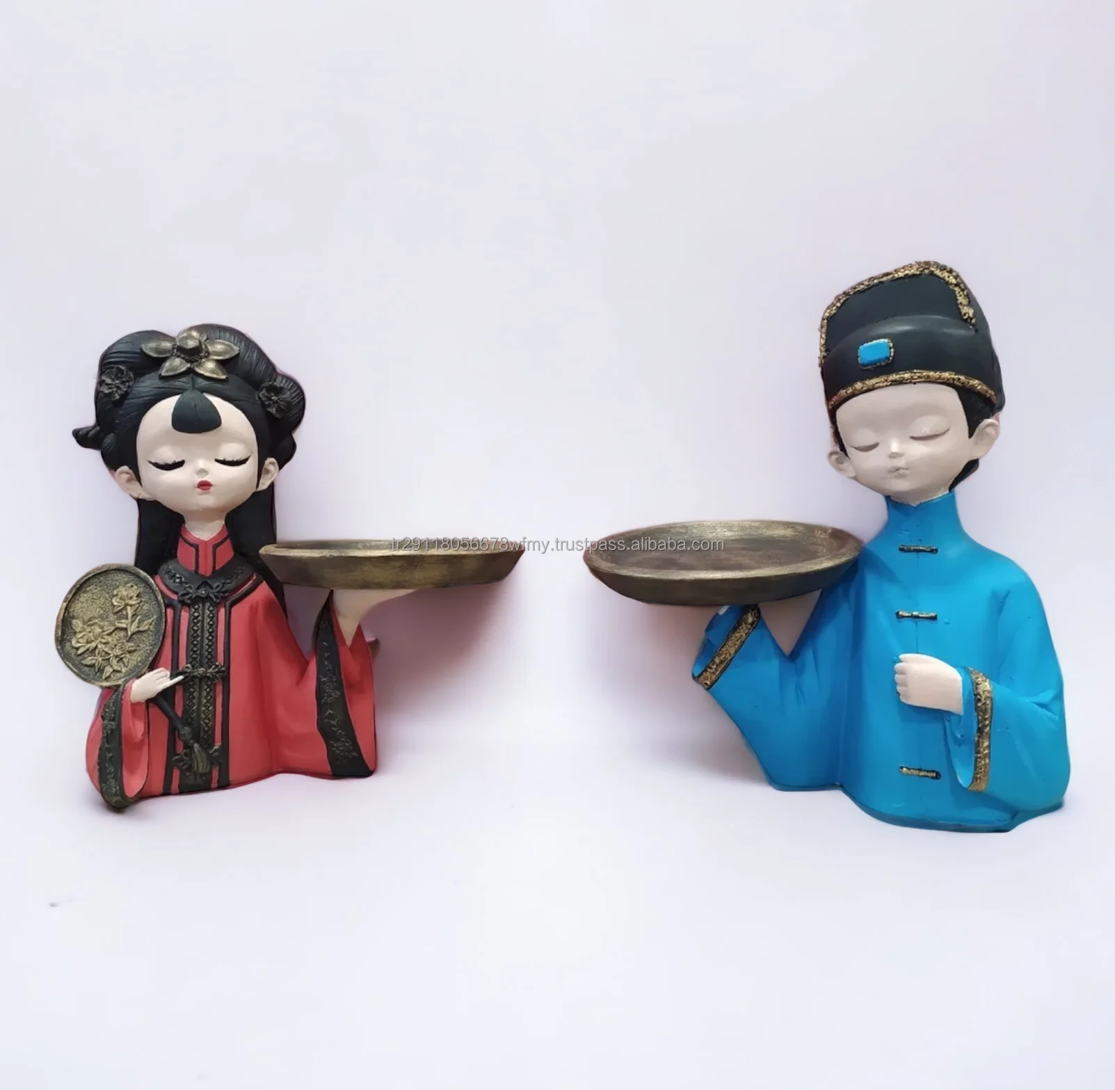 Asian Girl and Boy Holding a Tray Sculpture Set Resin Figurine For Restaurant Hotel Room Desk Table Decor