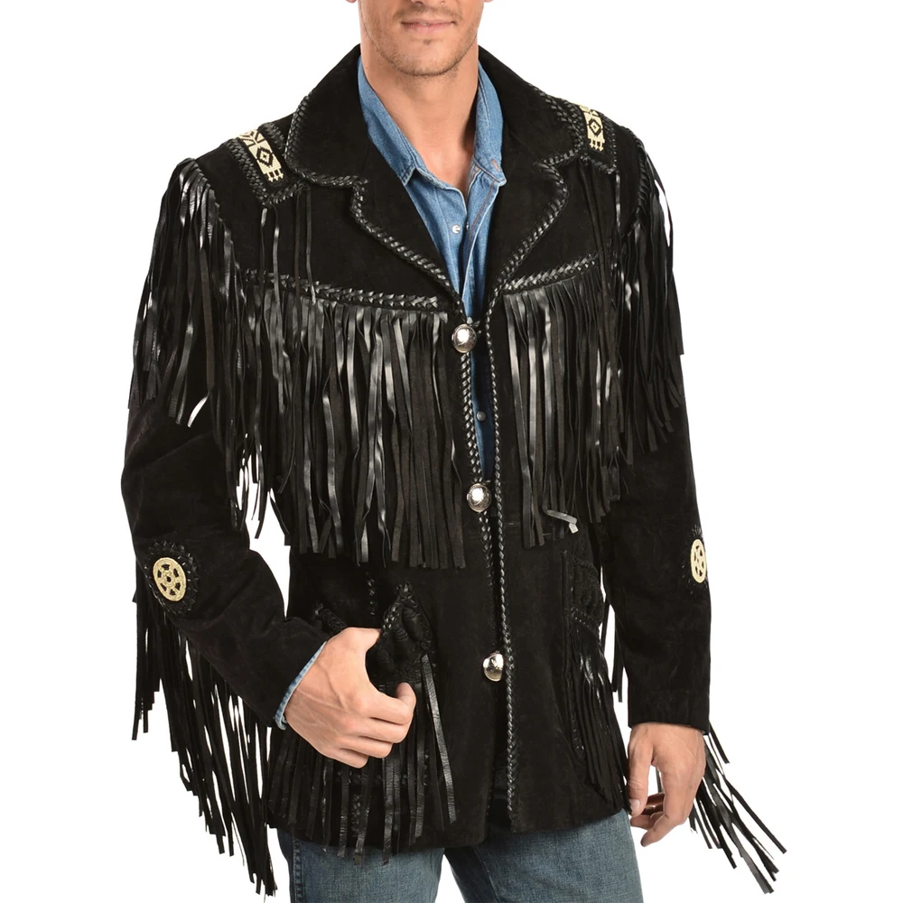 Cheap New Fashion Bones Beads Work Long Fringes Suede Leather men jacket Western Wear Men Cowboy Jacket Coat
