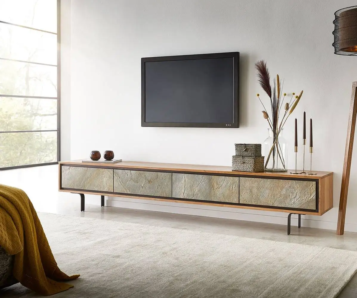 Modern Design Large Size TV Cabinet with Storage Drawer made from Mango Wood & Iron Base Stone Veneer Sheet Decorative Furniture