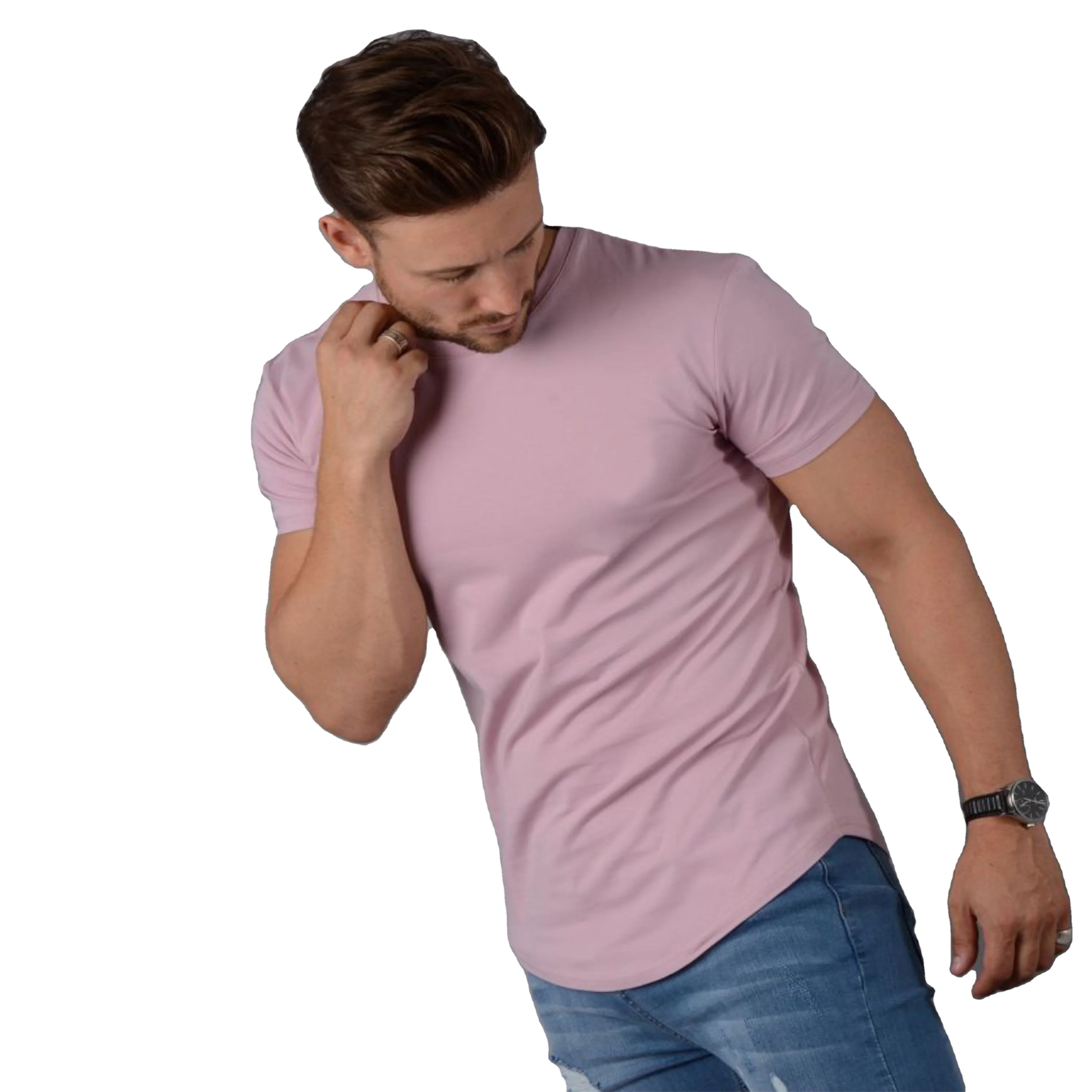2024 New Slim Fit Longline T-Shirt: Longer Drop with Curved Hem, Muscle Slim Fitted Gym Tee, 95% Cotton 5% Elastane
