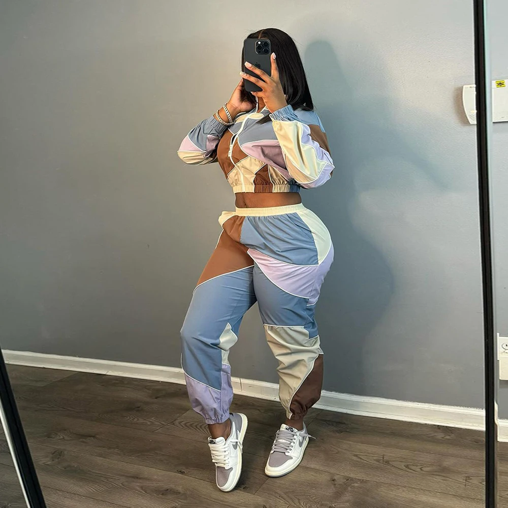 Custom Half Zip Pullover Tracksuit Jogging Crop Top Windbreaker Jacket Two Piece Pants Set Women