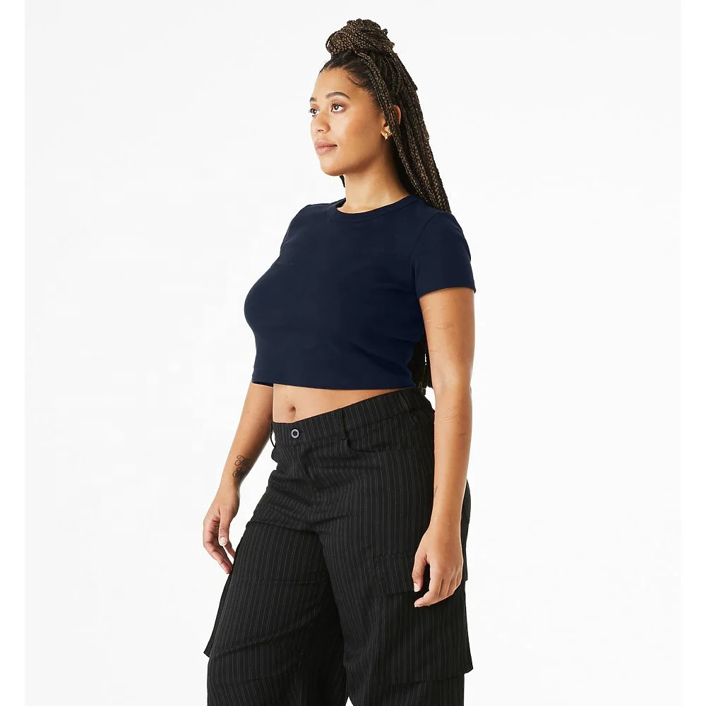 Wholesale Customized   B+C Solid Navy Blend women micro rib baby tee Fitted Stretch Fit cap sleeve baby breathable  tee