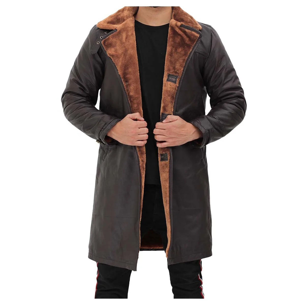 New Stylish Turlock Brown Shearling Leather Coat Mens Fully Customized With High Quality Faux shearling lining Two side pockets