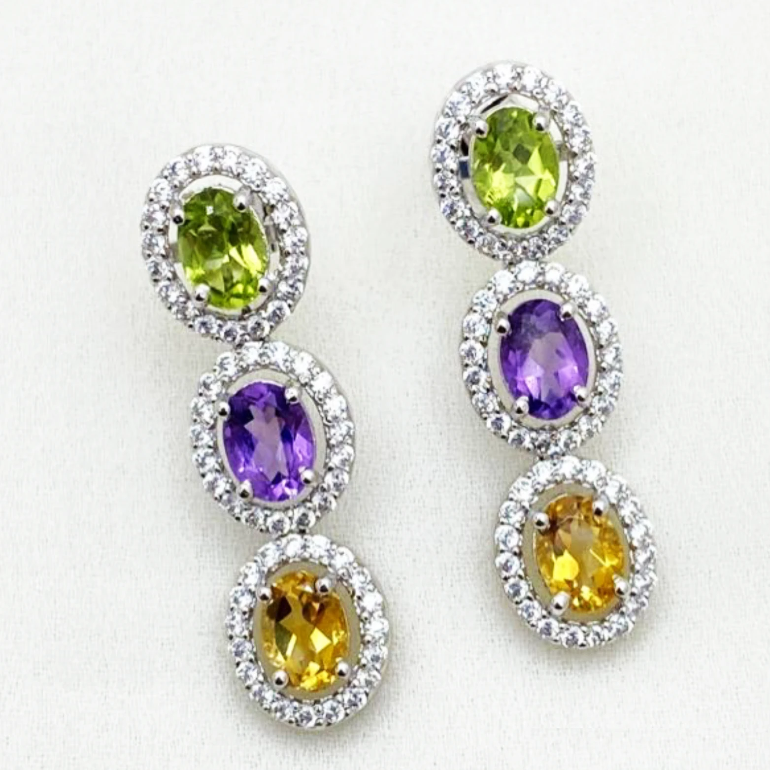 Excellent Modern Style 925 Sterling Silver Earrings with Amethyst, Peridot and Citrine Studded