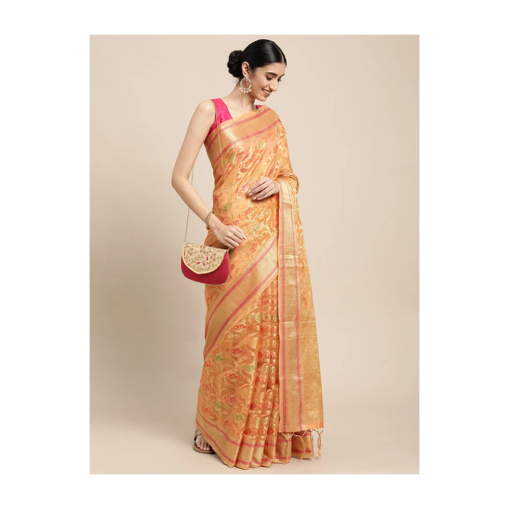 Latest Designer 100% Silk Saree Plain Style Wedding Wear with Printed Pattern Organza Fabric for Girls
