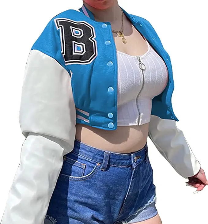 Custom Crop Letterman Varsity College Jackets in Colors for Women Ladies with Custom Chenille Embroidery Patches at Wholesale