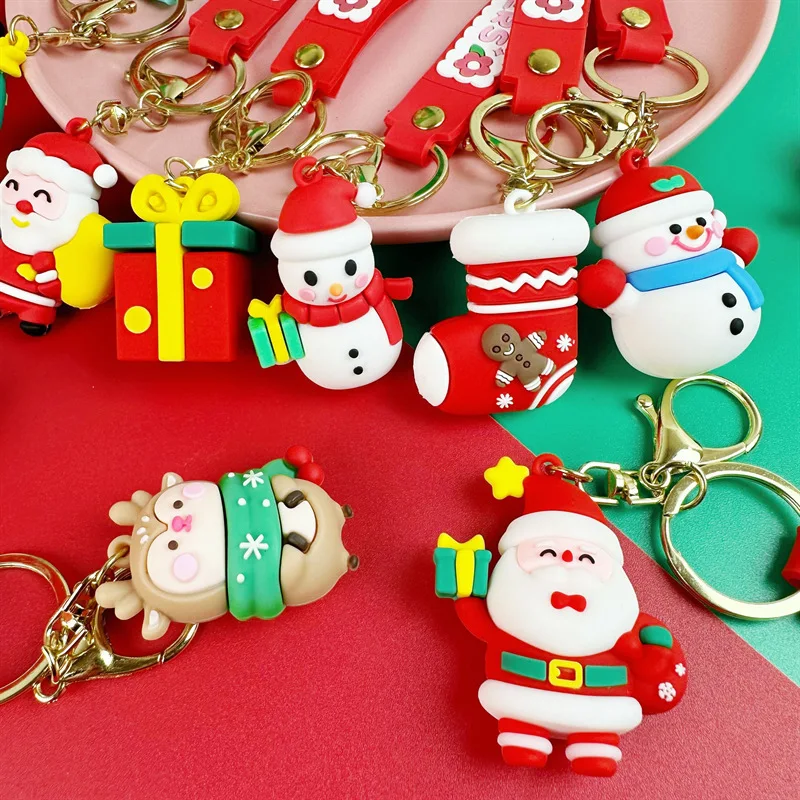 Backpack Decoration Gift Cartoon PVC Santa Tree Claus Snowman 3D Keytag Rubber Christmas Keychain With Lanyard Bag