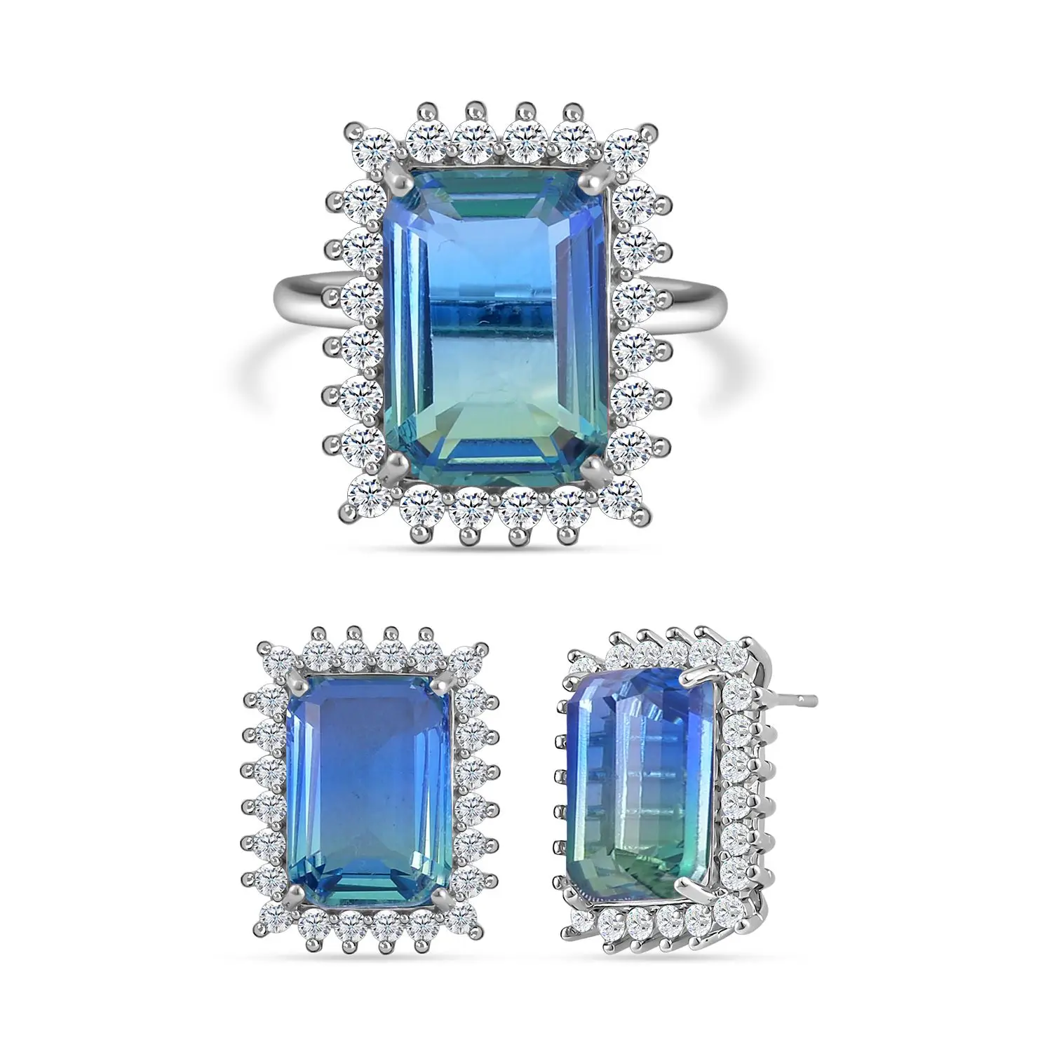 Blue and Green Tourmaline Color Glass and Simulated Diamond Earrings and Ring in Silvertone Brass Jewelry Wholesale High Quality