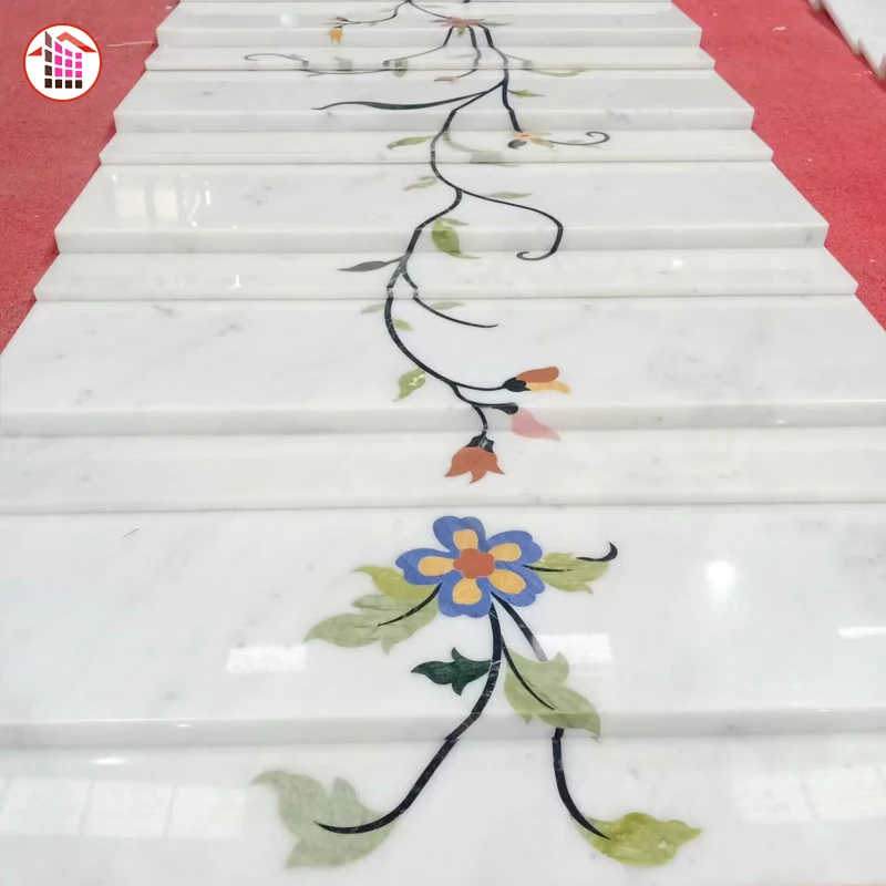 China factory Villa Indoor Beige marble Luxury Waterjet Flower Natural marble Stair steps And Risers Marble Staircase Design