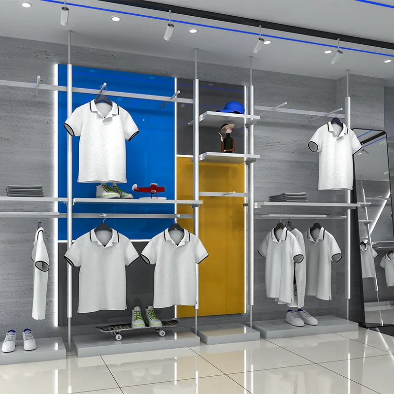 TOP Trendy Retail men Clothes Store Display Rack Custom Boutique Furniture Chic metal Clothing Shop Design for wall-mounted