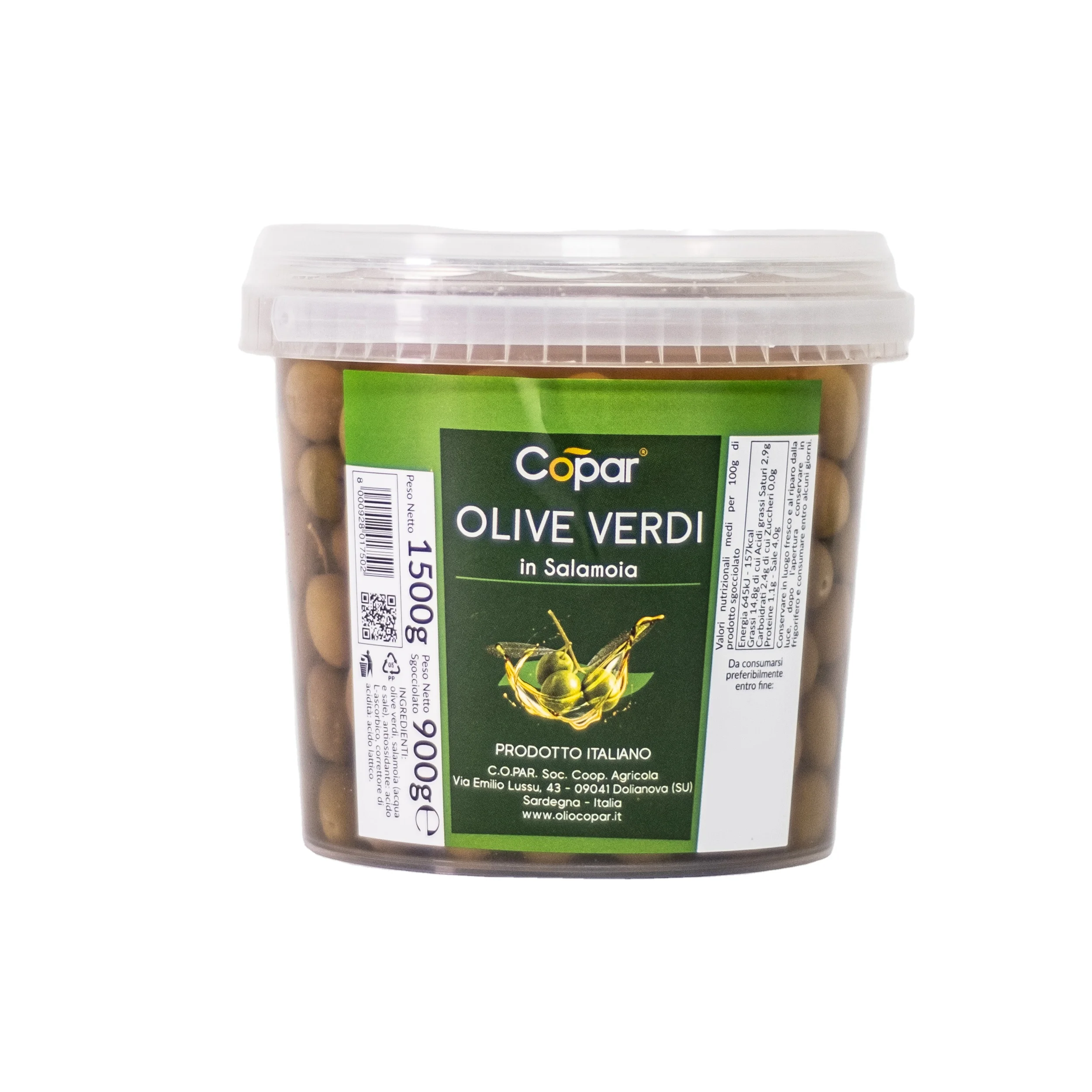 Premium quality Italian natural green olives in brine 900 gr plastic jar for horeca and supermarket for export and gourmet shops