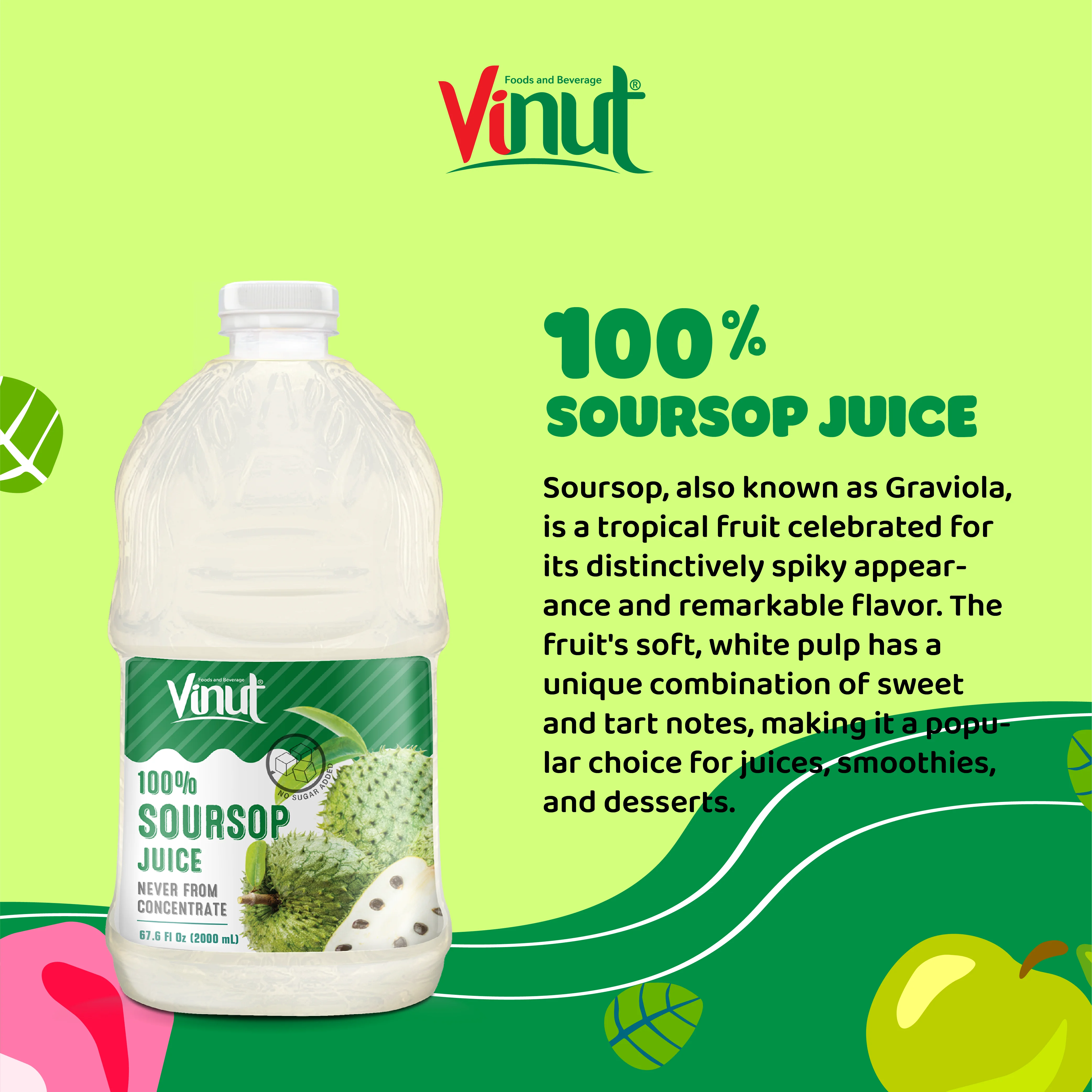 2L VINUT 100% Pure Tropical Fruit Juice Soursop Flavor Ready To Ship, Free Sample Made in Vietnam Factory (OEM, ODM)