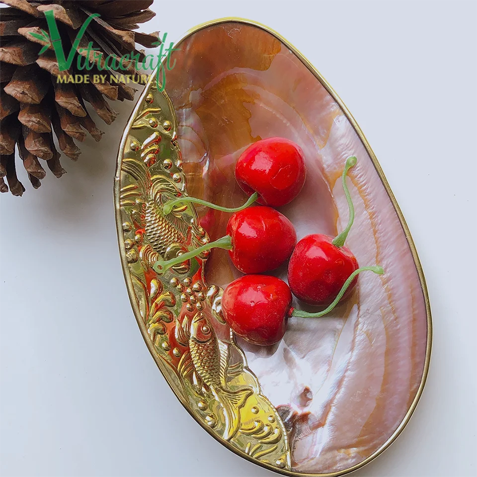 Best Selling Pink Mother-of-Pearl Caviar Plate Square Shape with Unique Copper Metal Motifs for Food Presentation