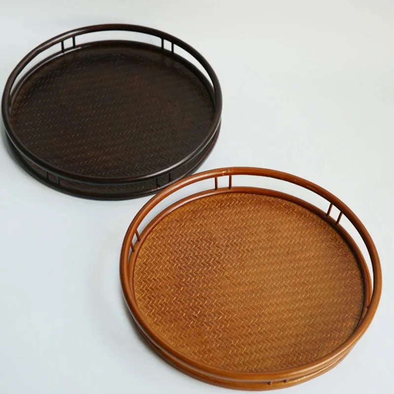 Hot Sale Vintage hand woven platter tray basket round bamboo storage basket bamboo wicker house decor Wholesale Multifunction