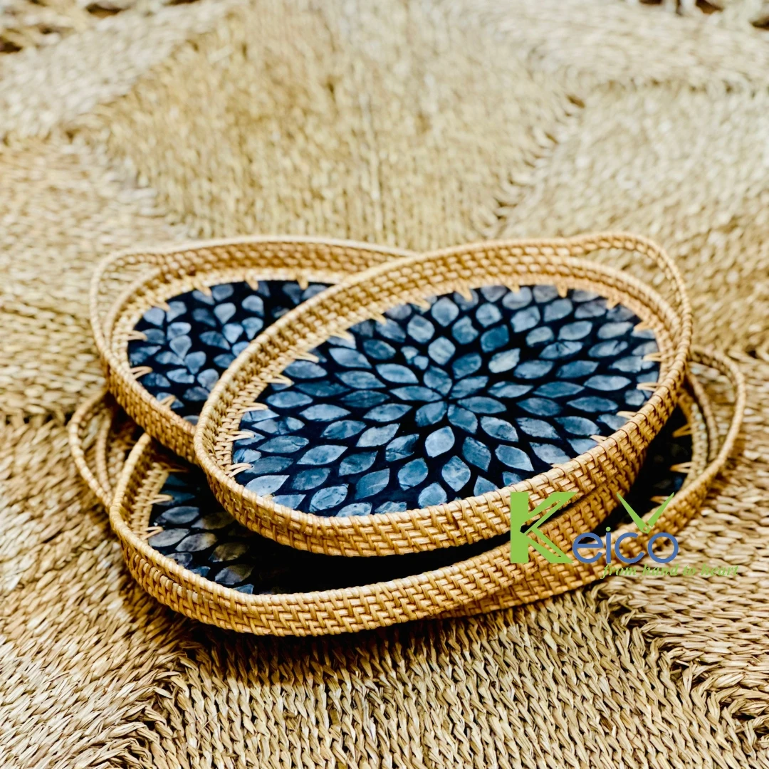 Wholesale Black Rattan Oval Plates and Dishes with Mosaic, Ceramic Customized Pattern For Kitchen For Home Decor made in Vietnam