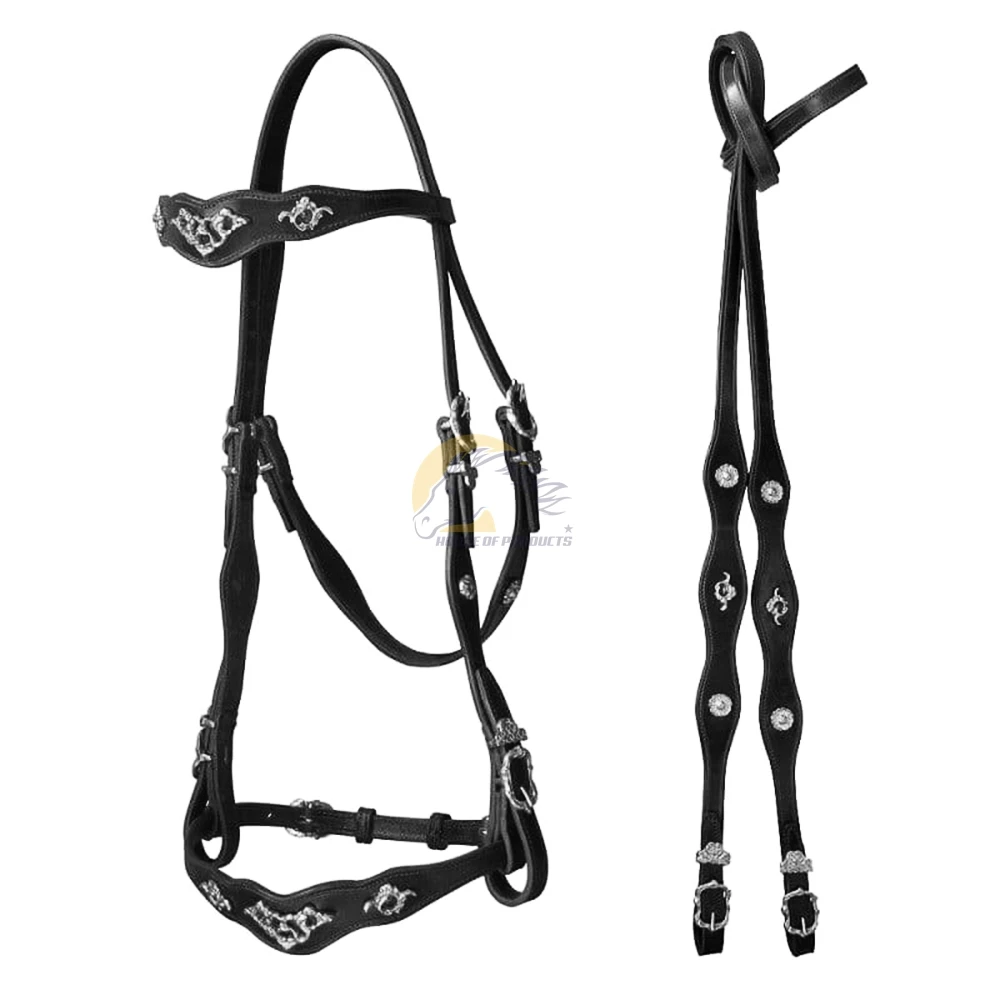 Baroque Horse Bridles Portuguese Style Genuine Leather with Silver Decorations Portuguese Bridles Black