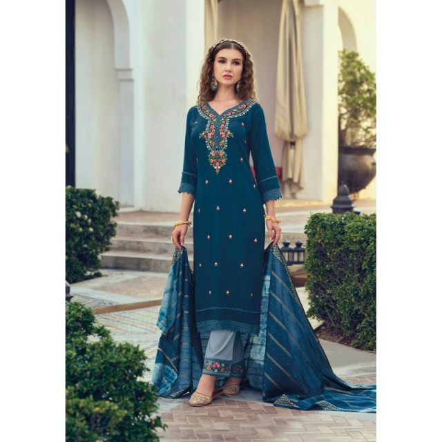 Modern Design Best Quality Fancy Viscose Rayon Embroidery Work Kurti Pant With Dupatta Indian Exporter And Supplier