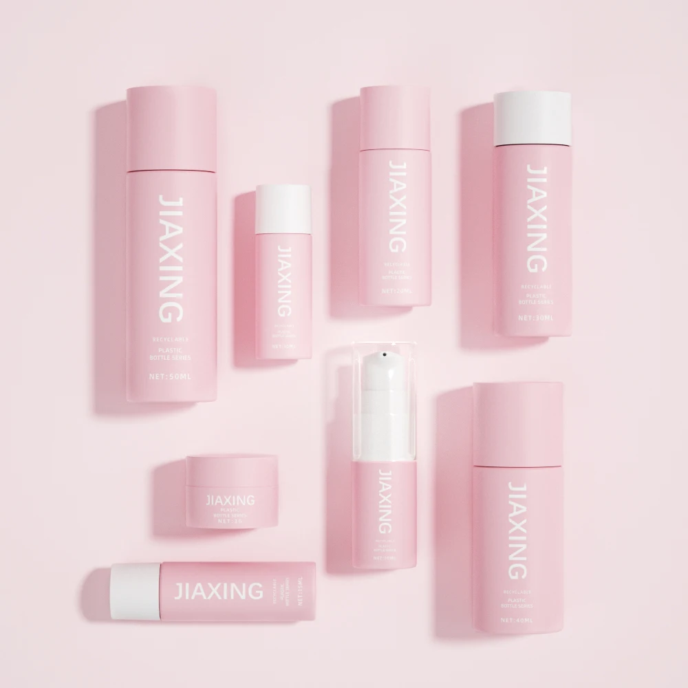 Sample size 10m 20ml skin care toner lotion pump bottle 3g cream jar pink plastic cosmetic containers and packaging bottle set