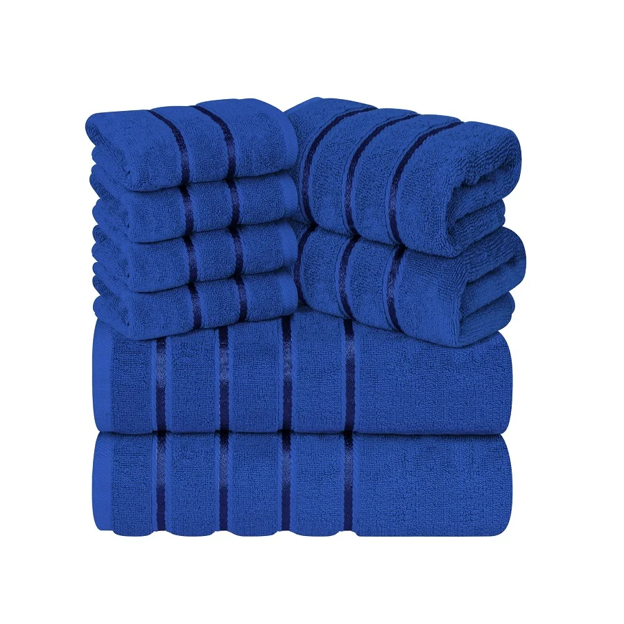 Royal Blue 8-Piece Luxury Towel Set of 2 Bath  2 Hand  & 4 Face Towels 600 GSM 100% Cotton Highly Absorbent Viscose Stripe Daily