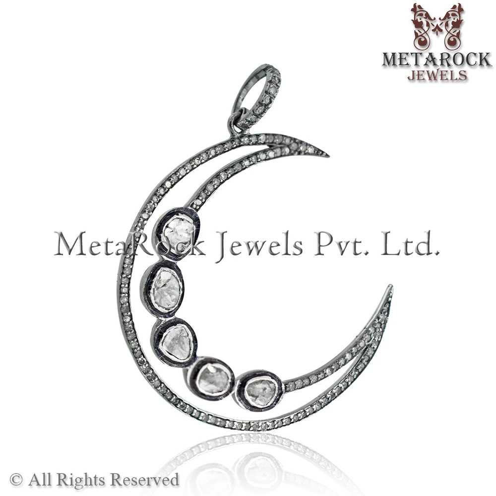 Brown Diamond Oxidized 925 Silver Designer Crescent Moon Pendant Chain Necklace Handmade Polki Pendant Jewelry  Wholesale