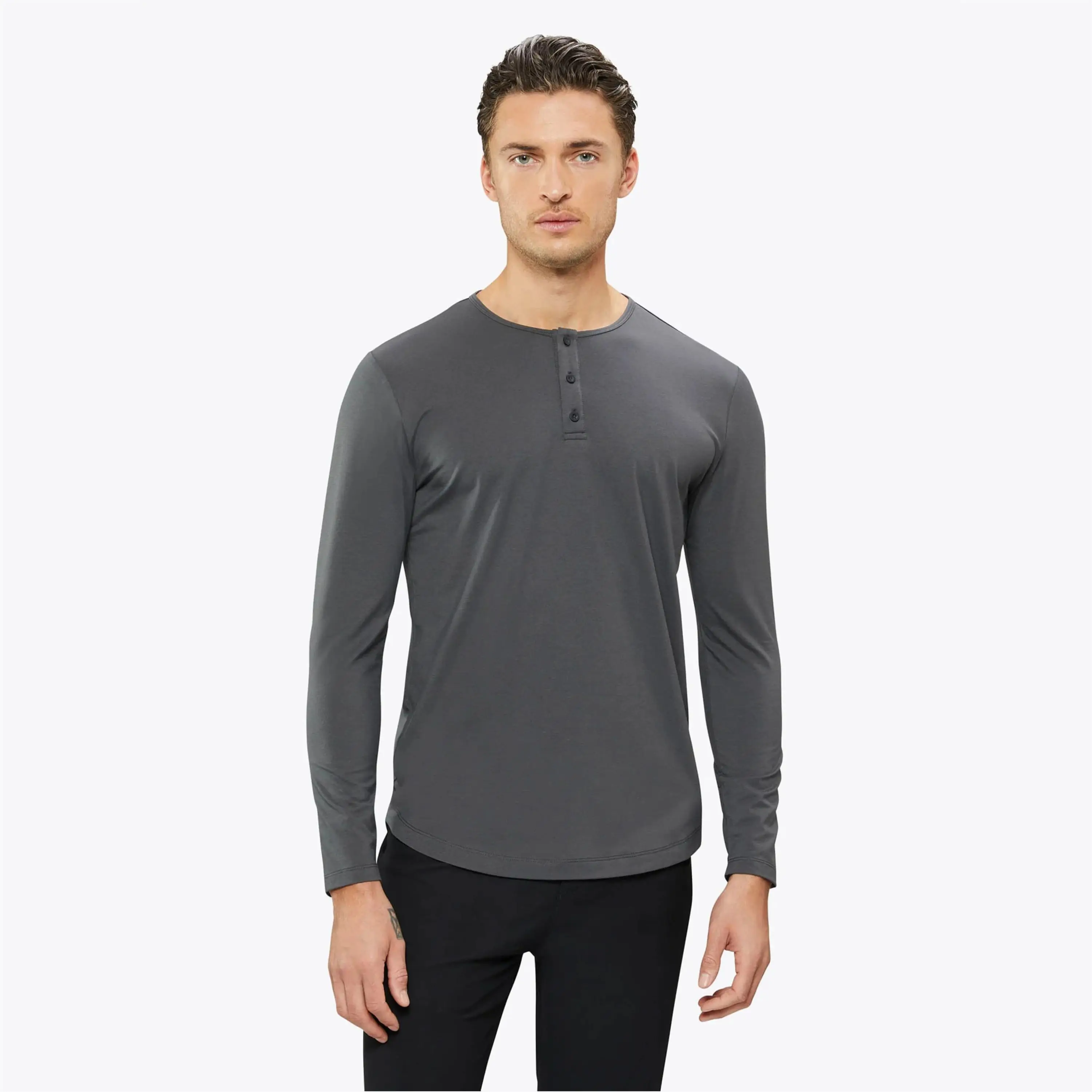 Custom Logo Buttery Soft 62% Polyester 33% Cotton 5% Spandex Signature Fit Long Sleeves Henley Curve Hem Graphite Shirt