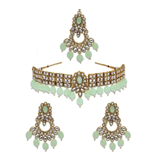 Mint Color Indian Traditional Kundan Choker Necklace Set in Gold finish Indian Fashion Necklace Jewelry  Set