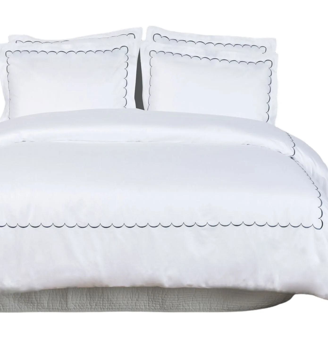 Wholesale Custom 100% White Cotton Sateen Luxury Duvet Cover & Pillowcase Sets Embroidered Gray Scalloped for Home Hotel Wedding