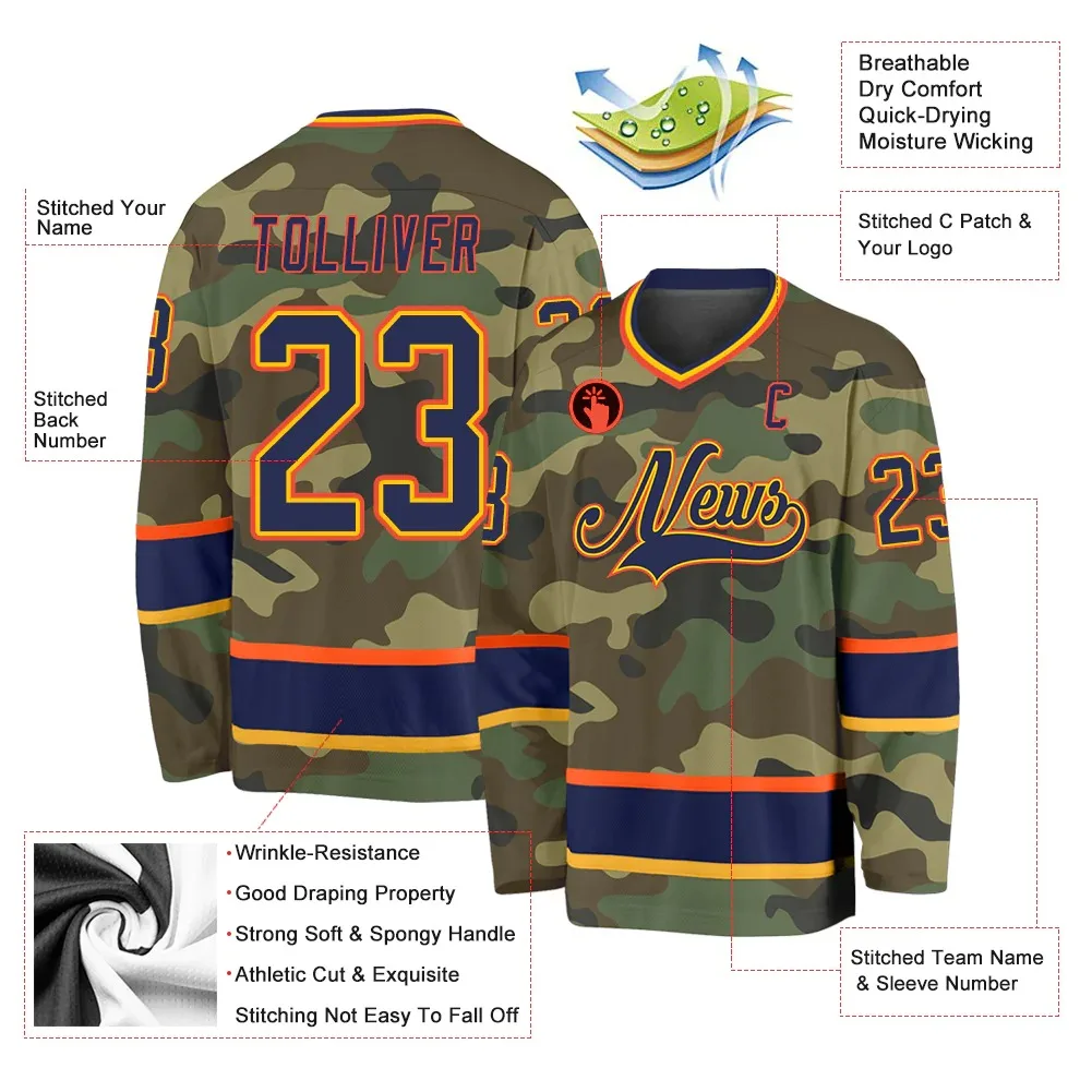 Factory manufacturing all kind sports uniforms offer Custom Camo Navy Orange Salute To Service ice Hockey Jersey