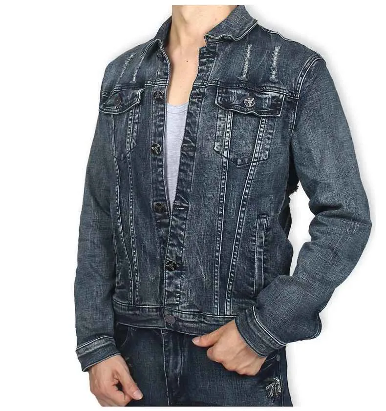 Brand New Custom Made Autumn Winter Gradient Denim Jacket Men American Washed Distressed Plain Short Lapel Denim Jacket For Men