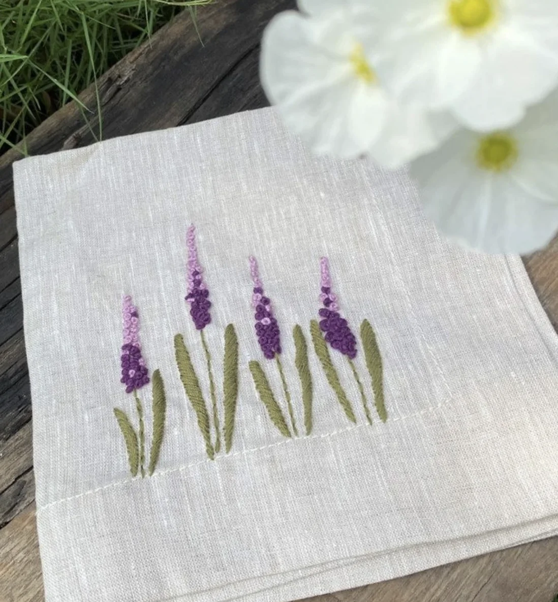 Rustic Natural Linen Handkerchief Personalized Hand Embroidered Spring Blooms Wildflowers Square Tablecloth Cloth Napkins