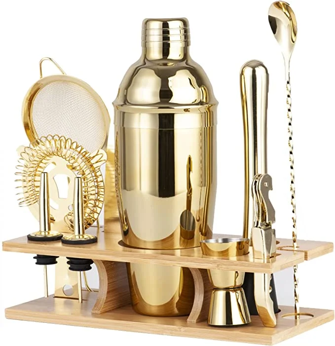 Bartender Kit with Black Bamboo Stand Cocktail Shaker Set and Bar Tool Stainless Steel Boston Shaker Bartender Kit (Gold) 2023