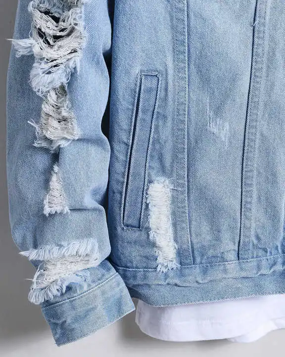 2024 Новинка оптовая продажа конкурентоспособная модная мужская джинсовая куртка Мужская рваная потертостая кислотная