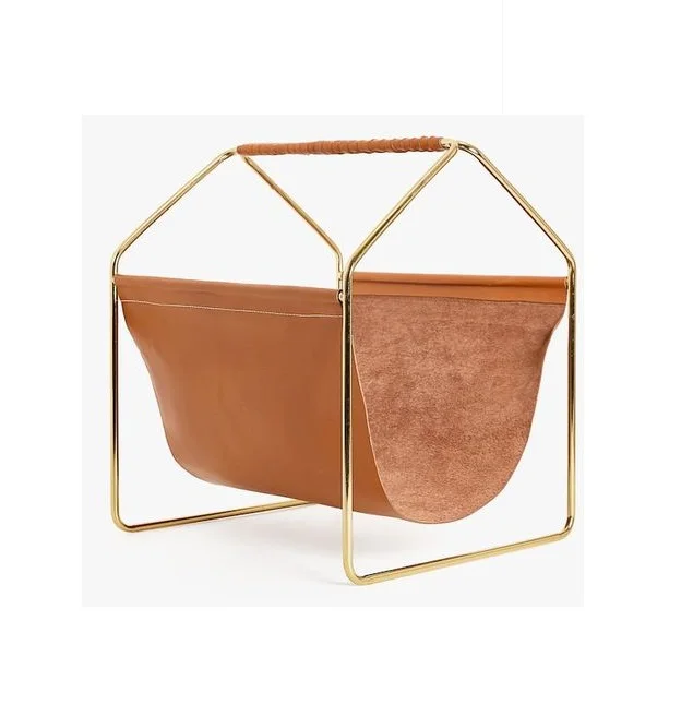 Magazine And Books Holder Stand Brown Color Leather Metal Gold Frame Magazine Rack Holder Desktop Office Hotel and Restaurant