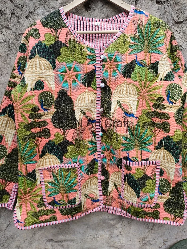Indian Village Print Jacket Coat women Kimono Robe style Beach wear bohemian winter jacket Short Quilted kantha jacket gifts
