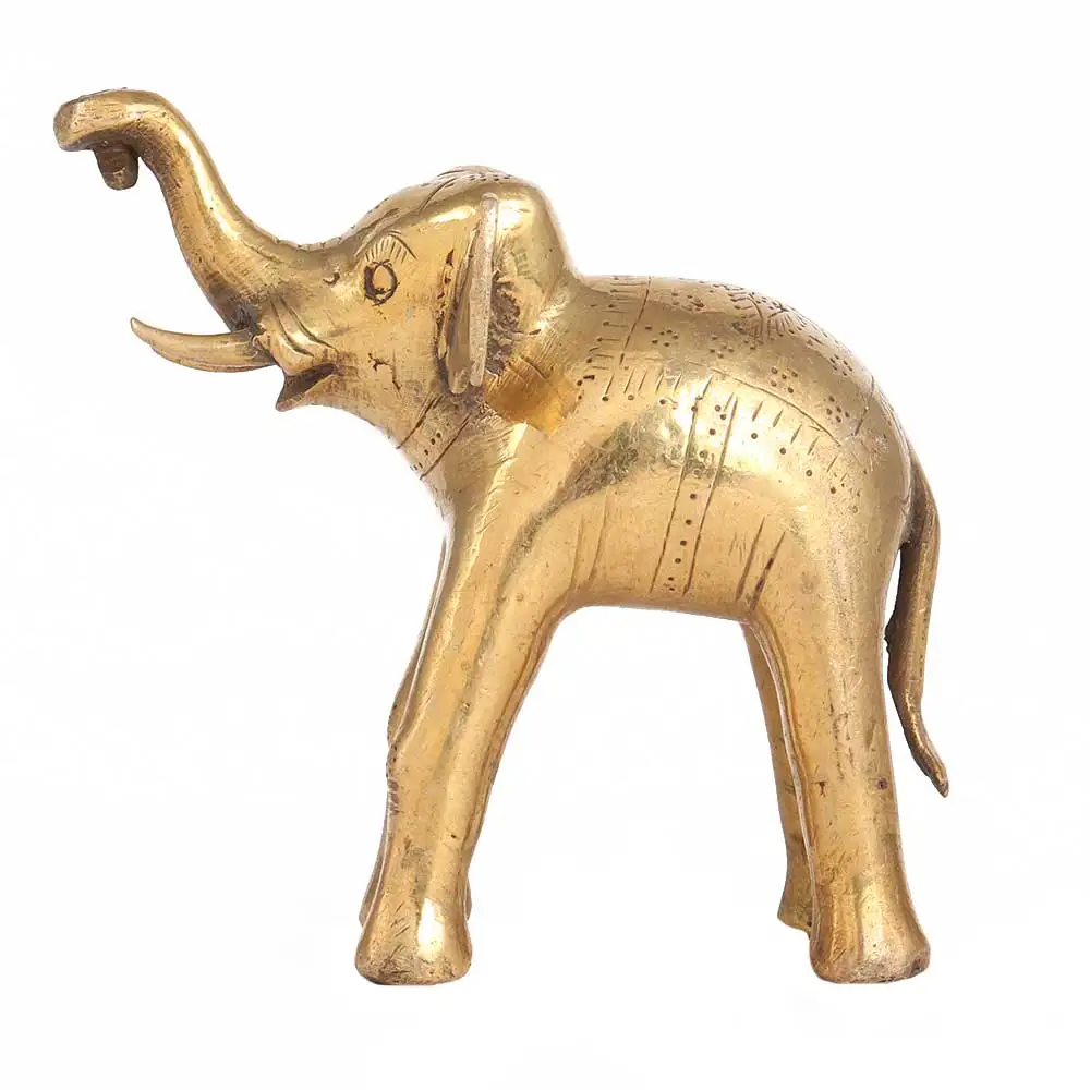 Handmade Indian Brass Golden Elephant With Raised Trunk Sculptures Figurine Statue Home Decor Gift Items 10 x 5 cm SNC-111