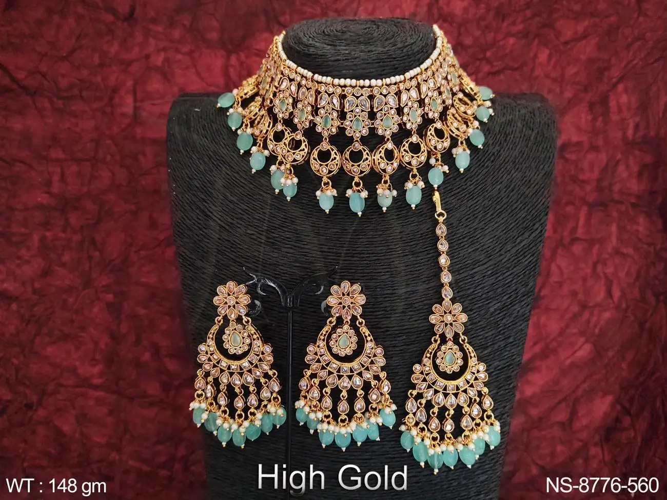 High gold Plated Designer Party wear Antique Party wear Choker Necklace Set with Maang Tikka