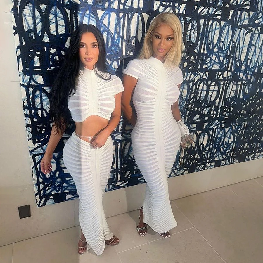 Kliou W23D34607 Summer Women Knitted Maxi Dress Hipster Striped Ruched Short Sleeve Sheer Body-shaping Slim Dress