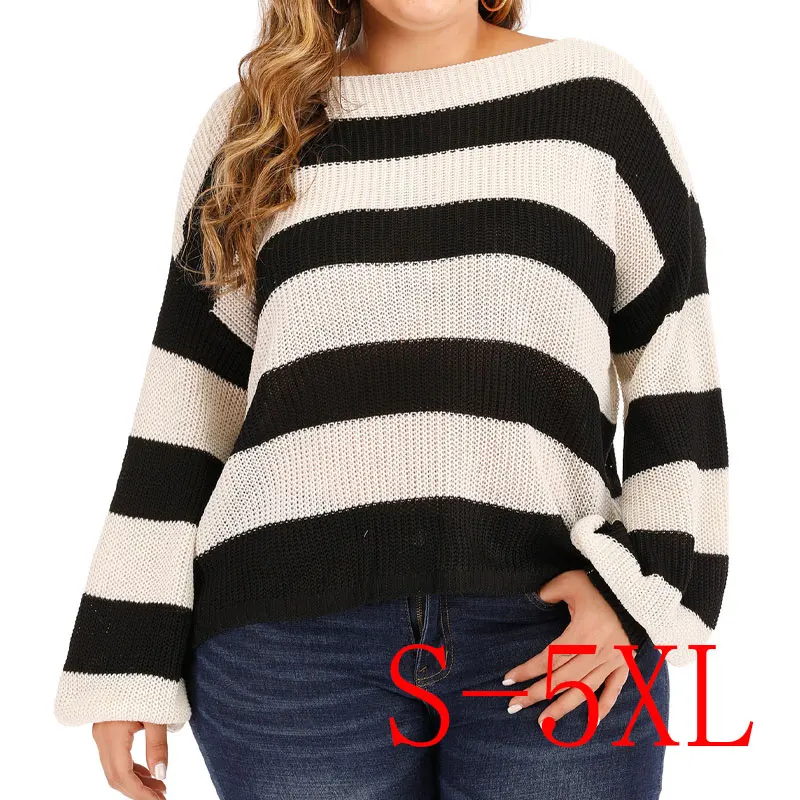 Autumn Winter Loose Knitted Sweater Women Color Block Striped Sweaters Ladies Jumpers Oversized Warm Female Pullovers