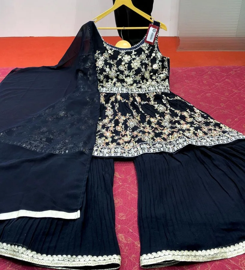 LATEST DESIGNER HEAVY SILK  GEORGATTE EMBROIDERY ZARI WORK SHARARA SUIT