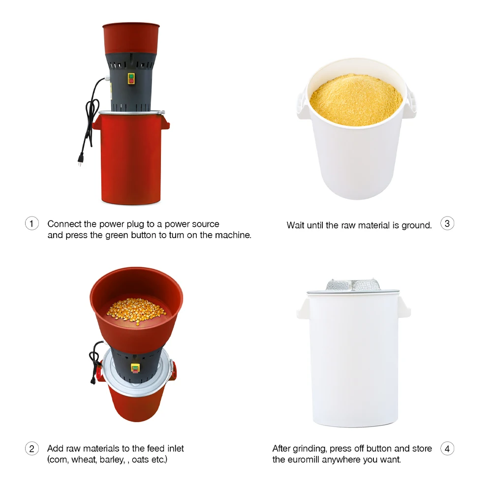 Euromill-25P Grain Mill Machinery for Consistent Chicken Feed Production Red Hopper & Bucket