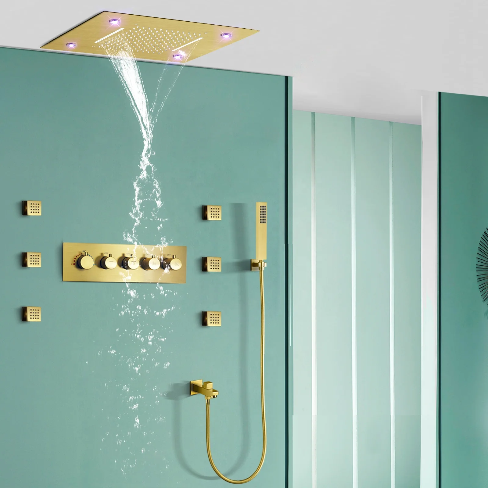 20*14inch Brushed Gold Bathroom Waterfall LED Shower Head Five-Function Wall Mounted Thermostatic Shower Set