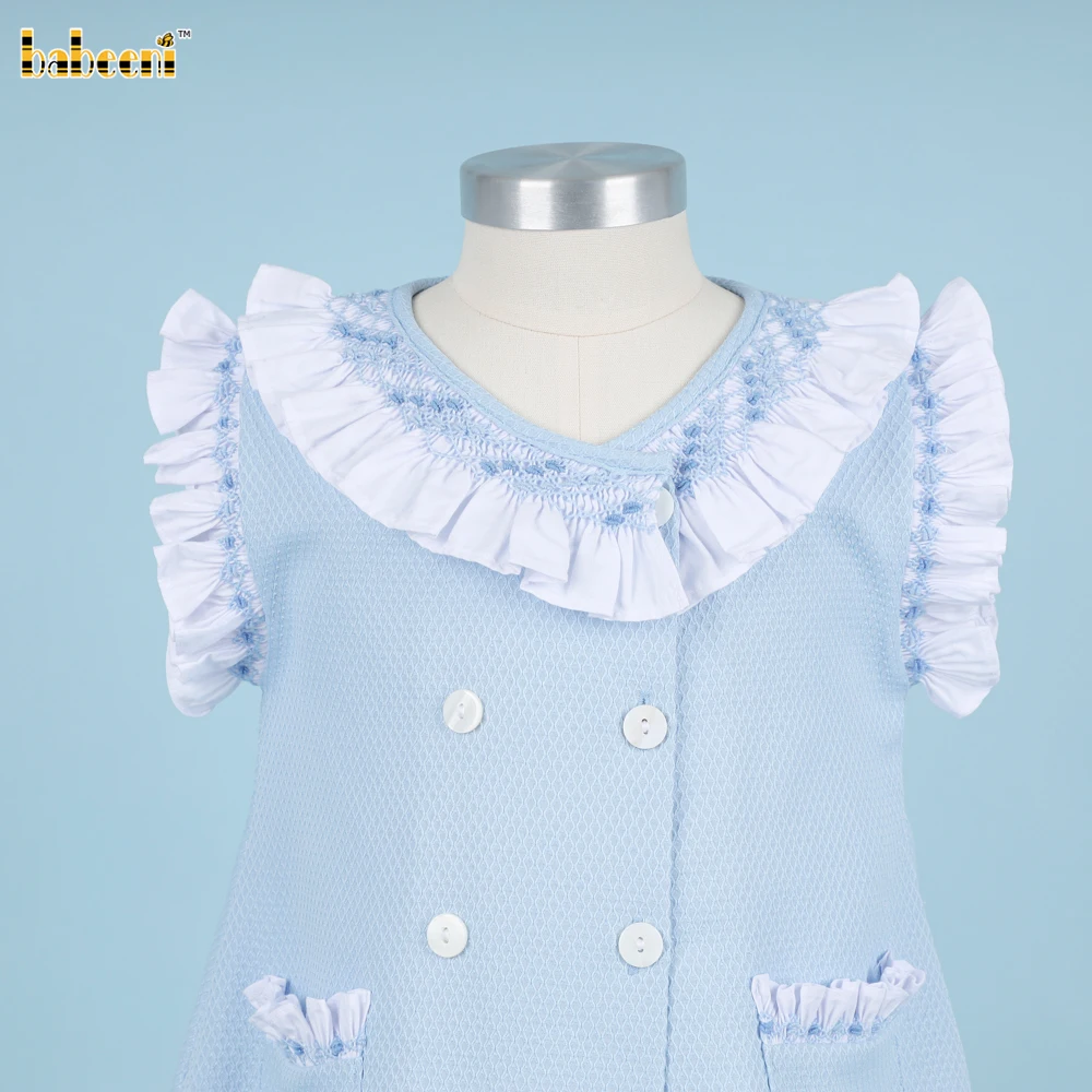 Girl Geometric Smocked Dress In Blue OEM ODM kids smocked baby dress smocked girl dress kids clothing wholesale - DR3802