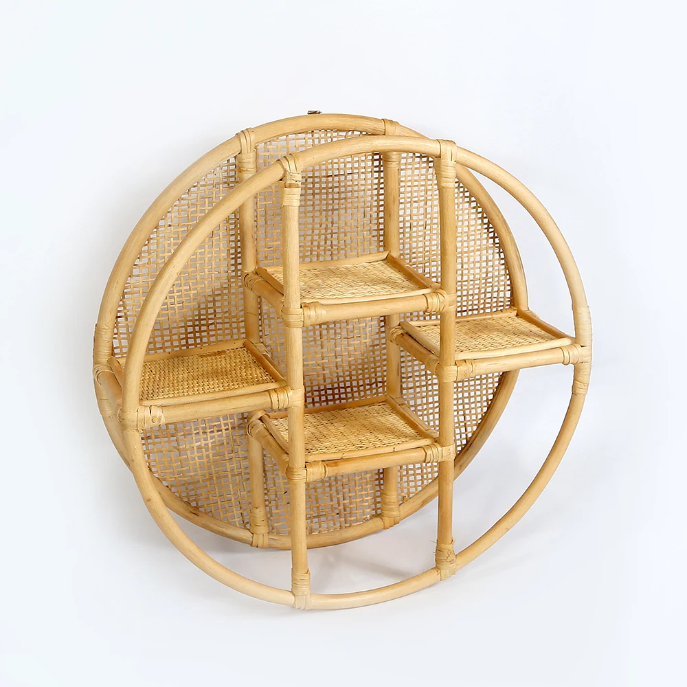Handcrafted Natural round Rattan Wall Shelf Rack Small Nursery Decorative Hanging Shelves Made Wood Plastic Amazon FBA Vietnam