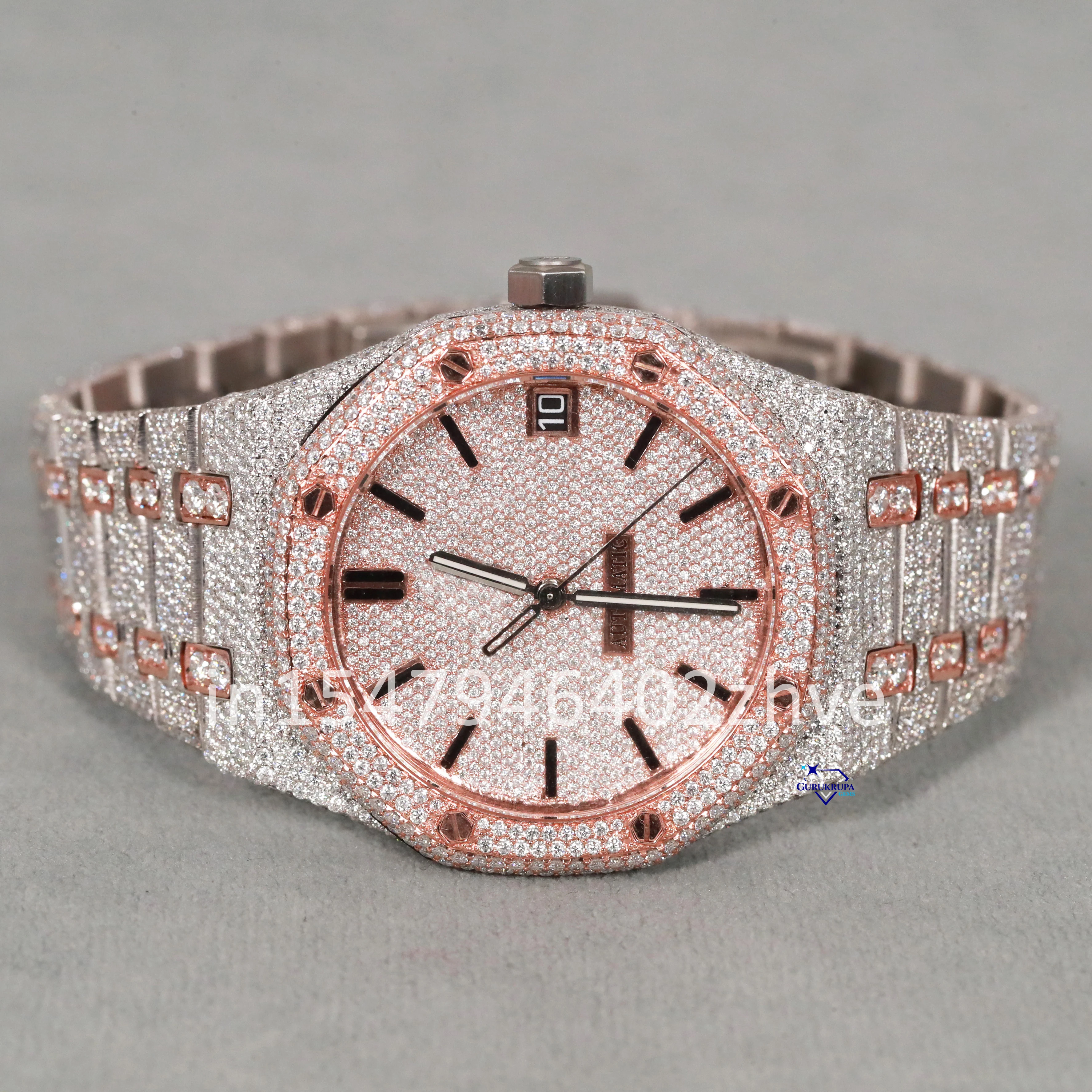 This is a special watch crafted with moissanite diamonds that passes the diamond test and frame of this watch is stainless steel