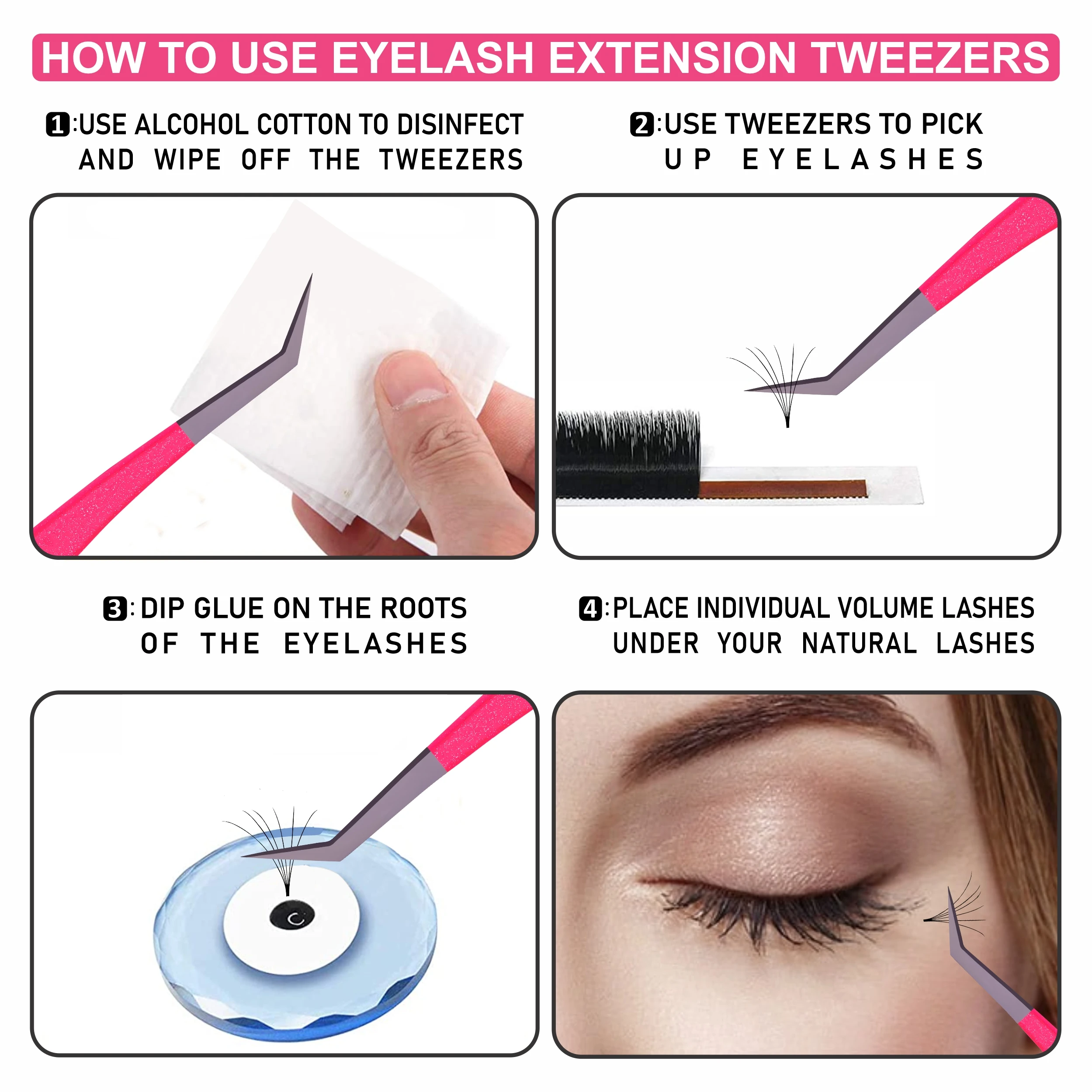 Eyelash Extension Tweezers Set of 6 Pieces Sand Blast Tip and Fluorescent Coated with Magnetic Case Private Label