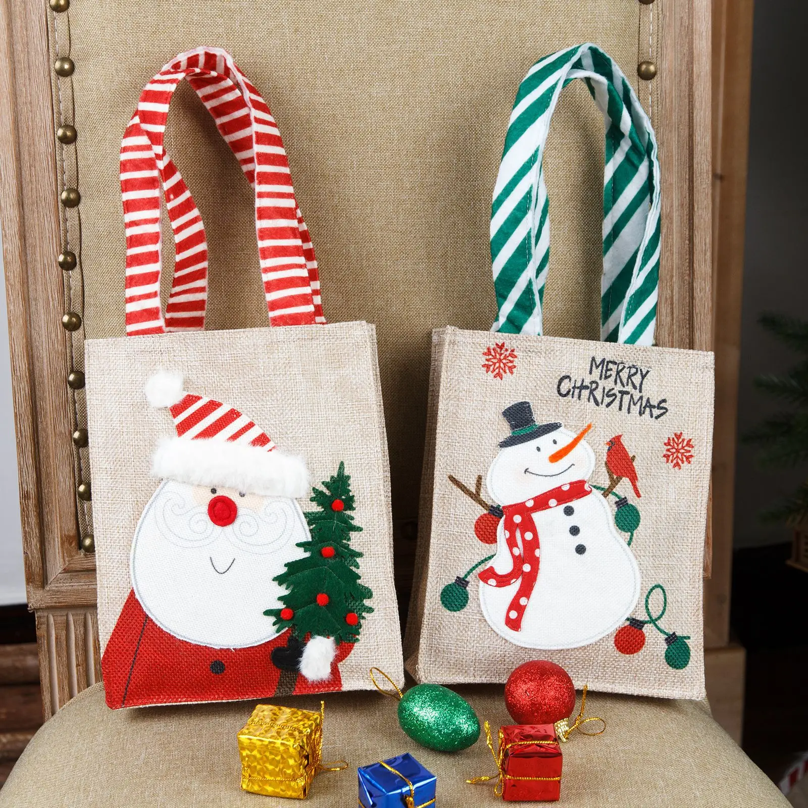 Christmas Burlap Gift Tote Bag Santa Presents Bags Small Christmas Snowman Shopping Gift Goody Jute Bags