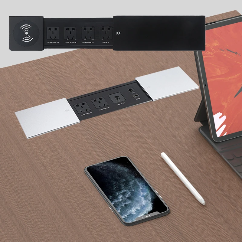 OEM customized Tabletop Hide embedded Sliding open Lid Power Grommets multimedia socket box with wireless Charging USB