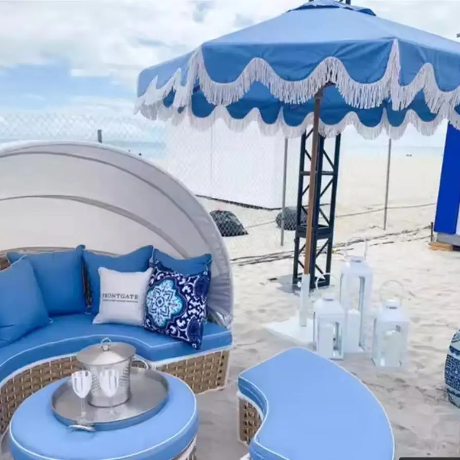 Heavy Duty Outdoor Wood Pole Patio Parasols Poolside Yard Restaurant Hotel Market Garden Umbrellas with White Fringe Tassels