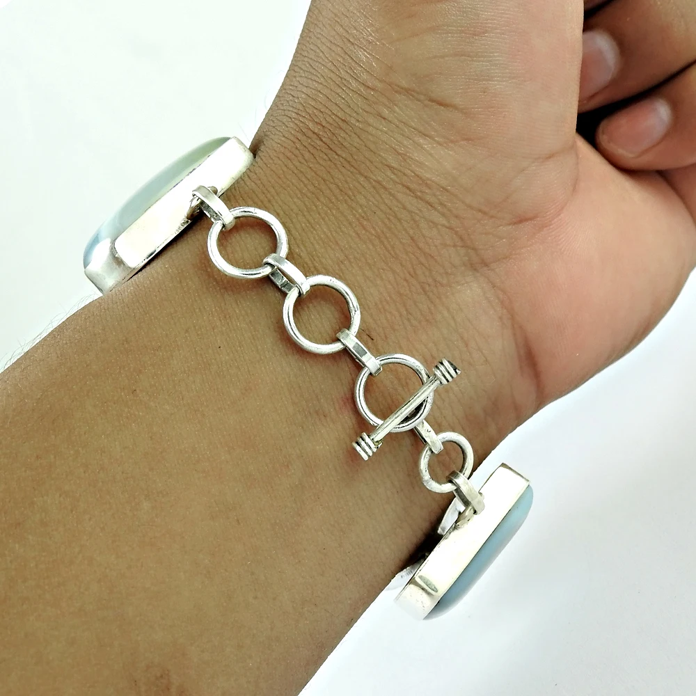 Best Selling New Design 925 Sterling Silver Natural Striped Onyx Gemstone Cabochon Stone Shape Classy Large Stone Boho Bracelet